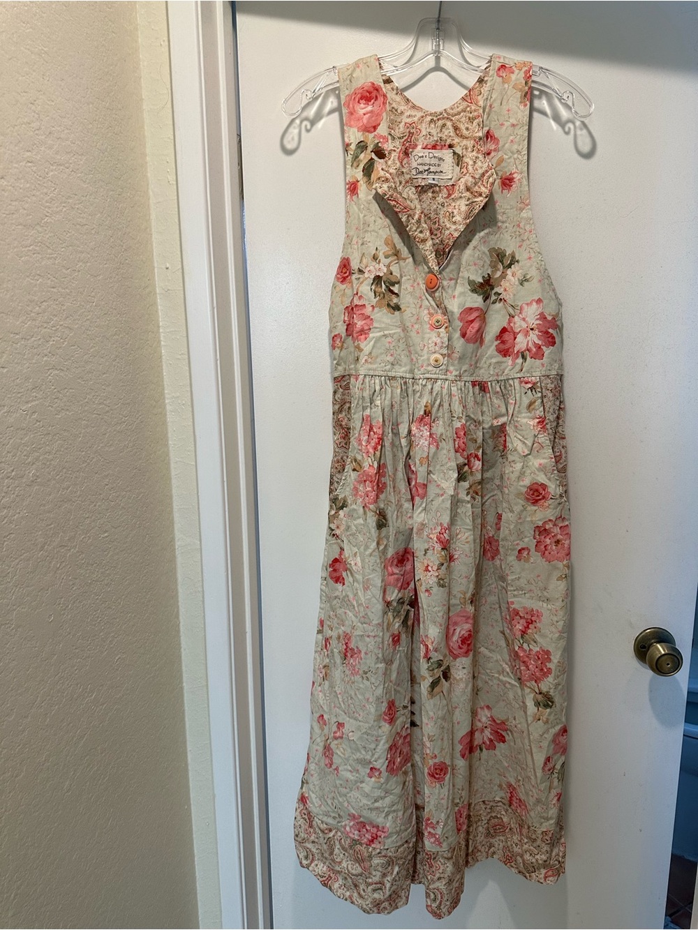 Vintage Dee’s Designs Floral Cotton Sleeveless Sundress w Pink Roses Size Small